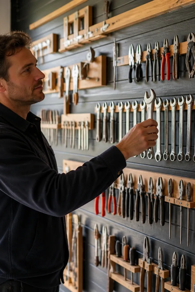 Matte black cleats with neatly hung tools and labeled wooden holders