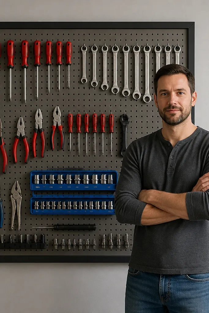 White pegboard with black tools arranged by shape inside a slim wood frame
