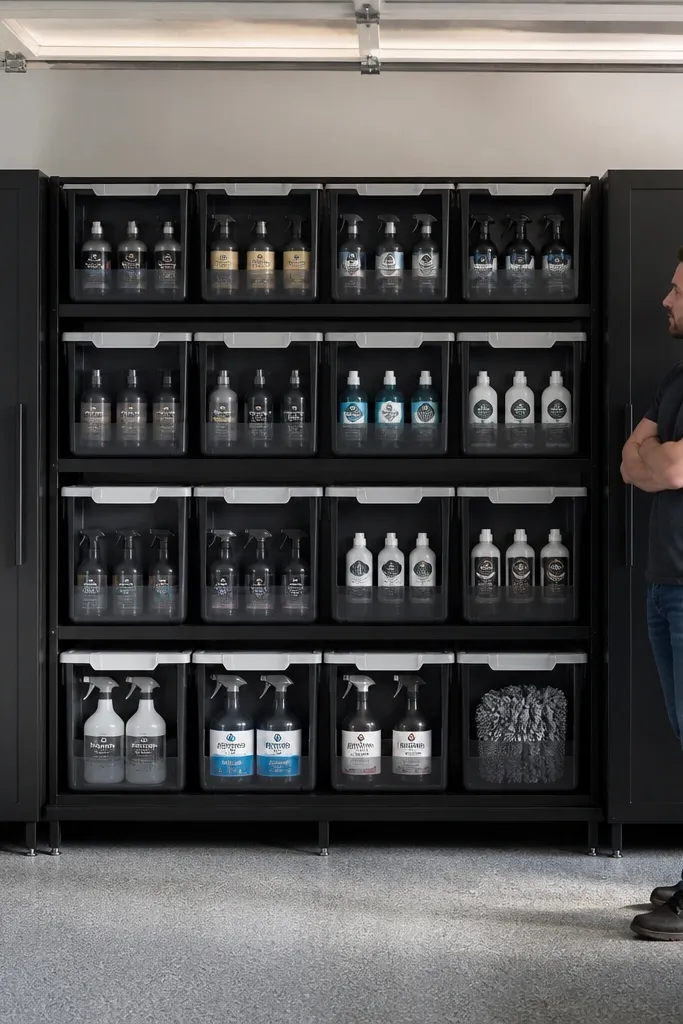 White wall with labeled lidded bins for car wash supplies in aligned rows
