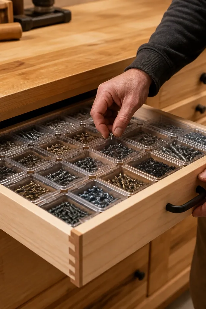 Wood cabinet drawer with clear-lid bins and neat labeled compartments