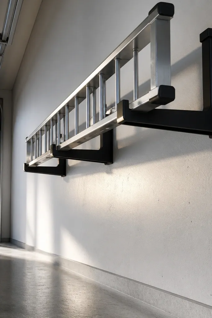Ladder hanging on wall with padded brackets and a tidy end cap