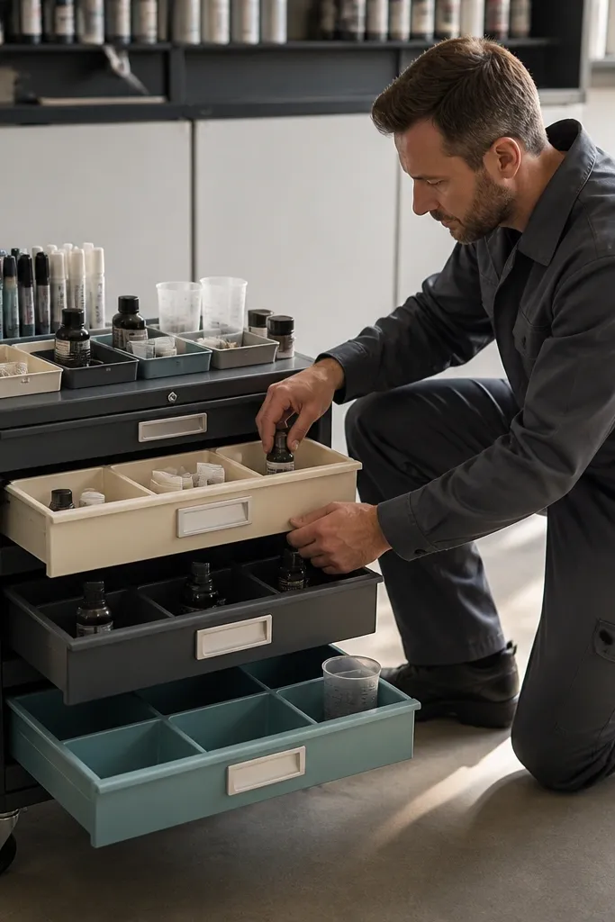 Rolling cabinet with labeled bins for paint tools and neatly organized drawers
