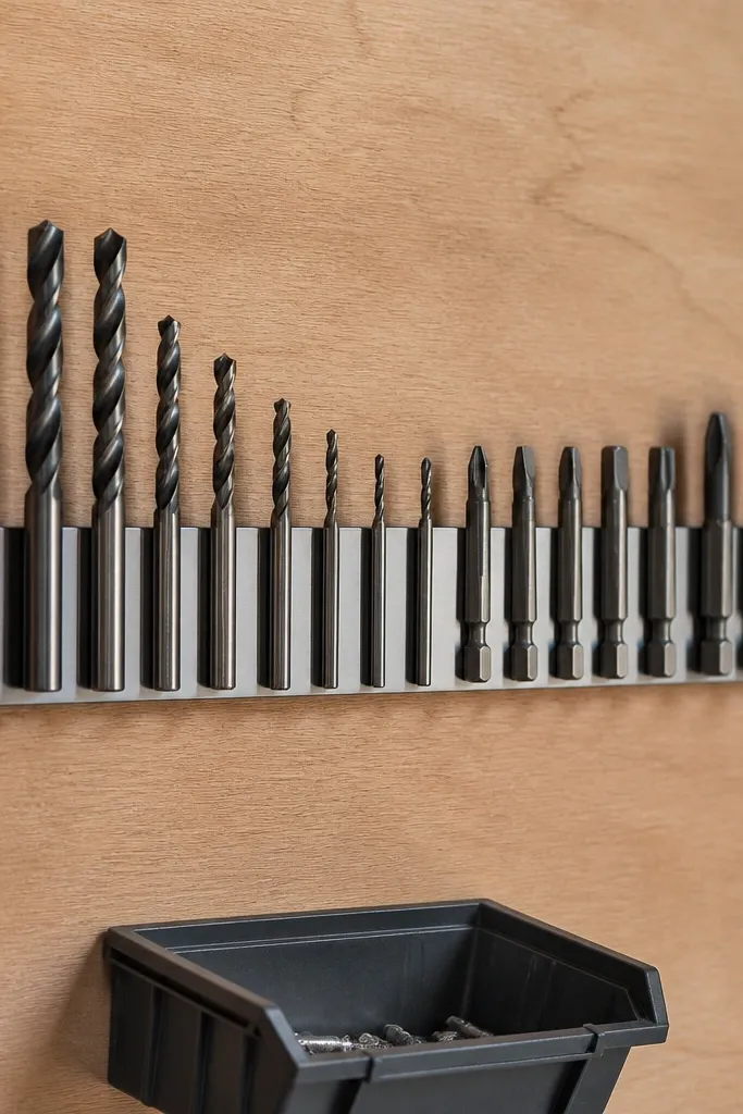Satin metal magnetic strip with drill bits and small steel fasteners sorted by size