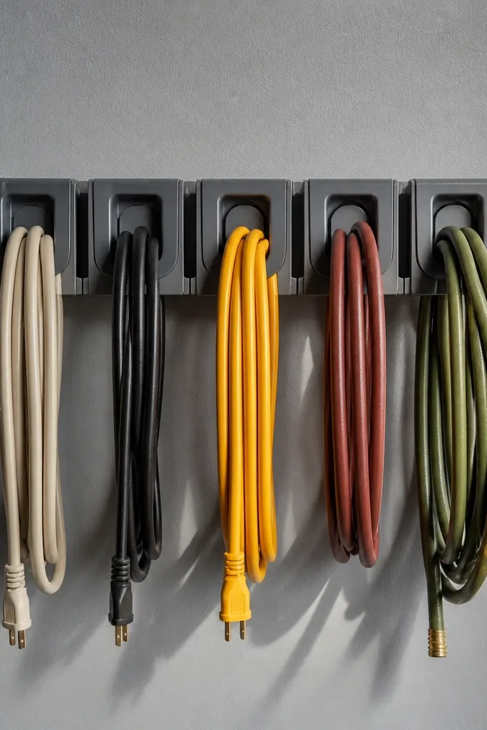 Vertical wall organizer with neatly coiled cords and hose sections in labeled slots