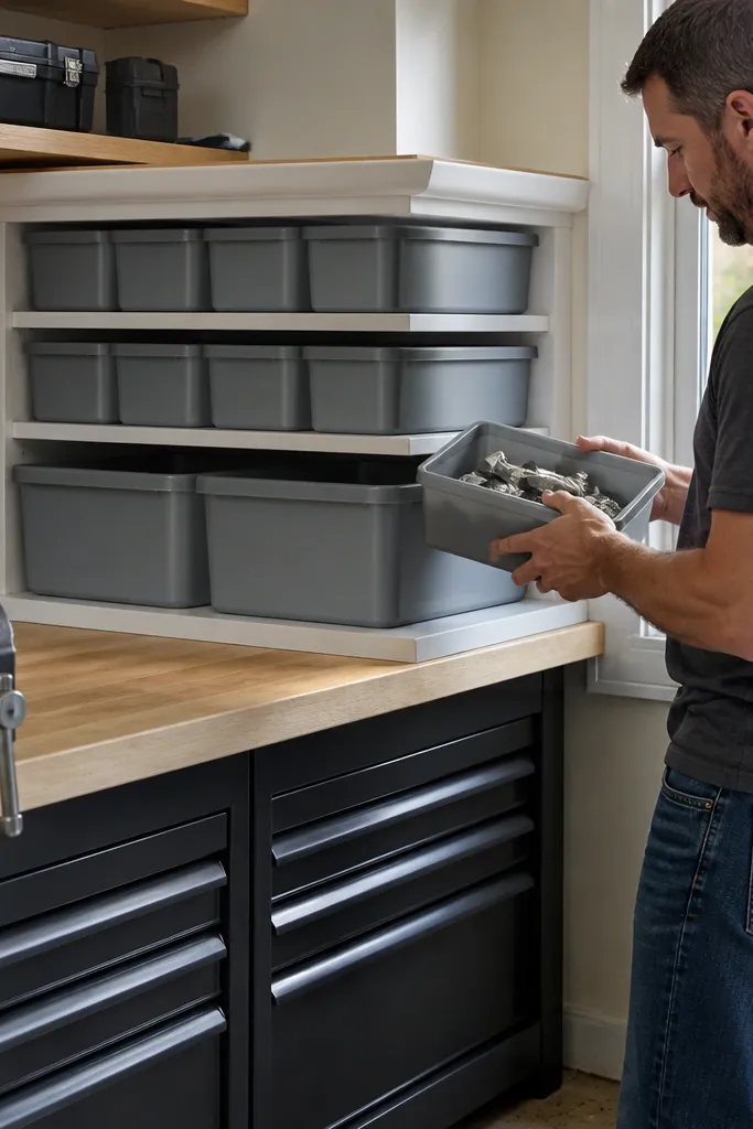 Corner shelf with mitered trim and labeled bins for hardware near a workbench