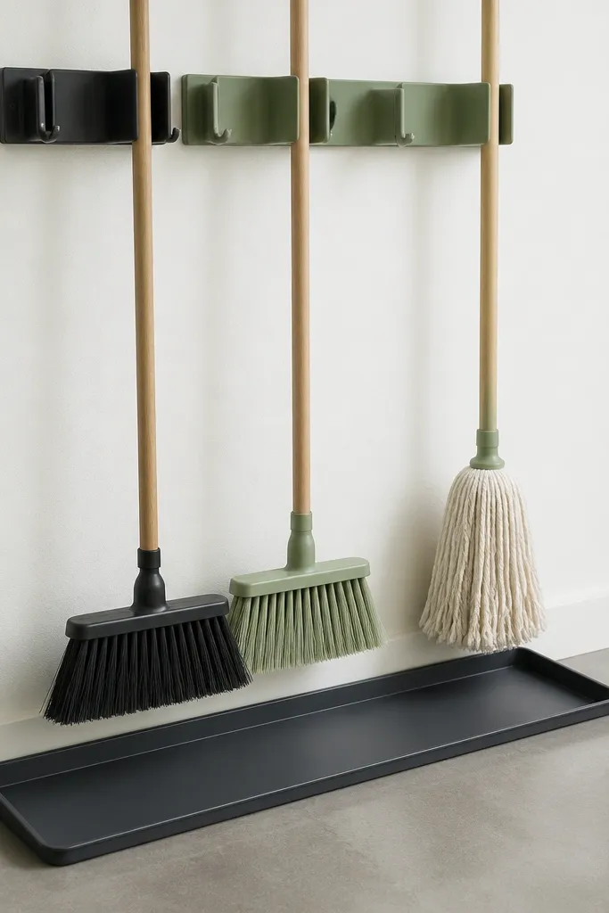 Clean wall station with drip tray and color-coded hooks for brooms and mops
