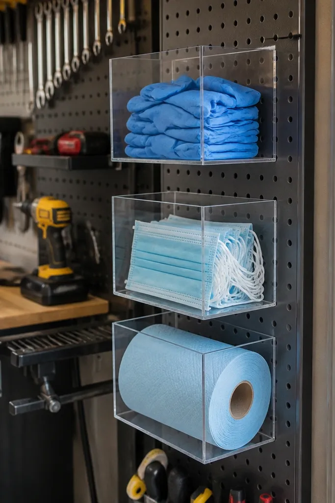 Pegboard side rack with clear bins for gloves and masks and labeled paper rolls