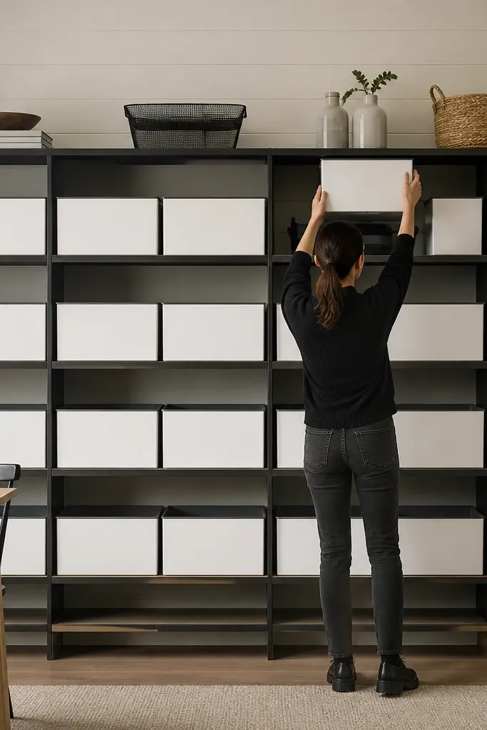 Garage shelves with identical bin heights and uniform label bands across the fronts