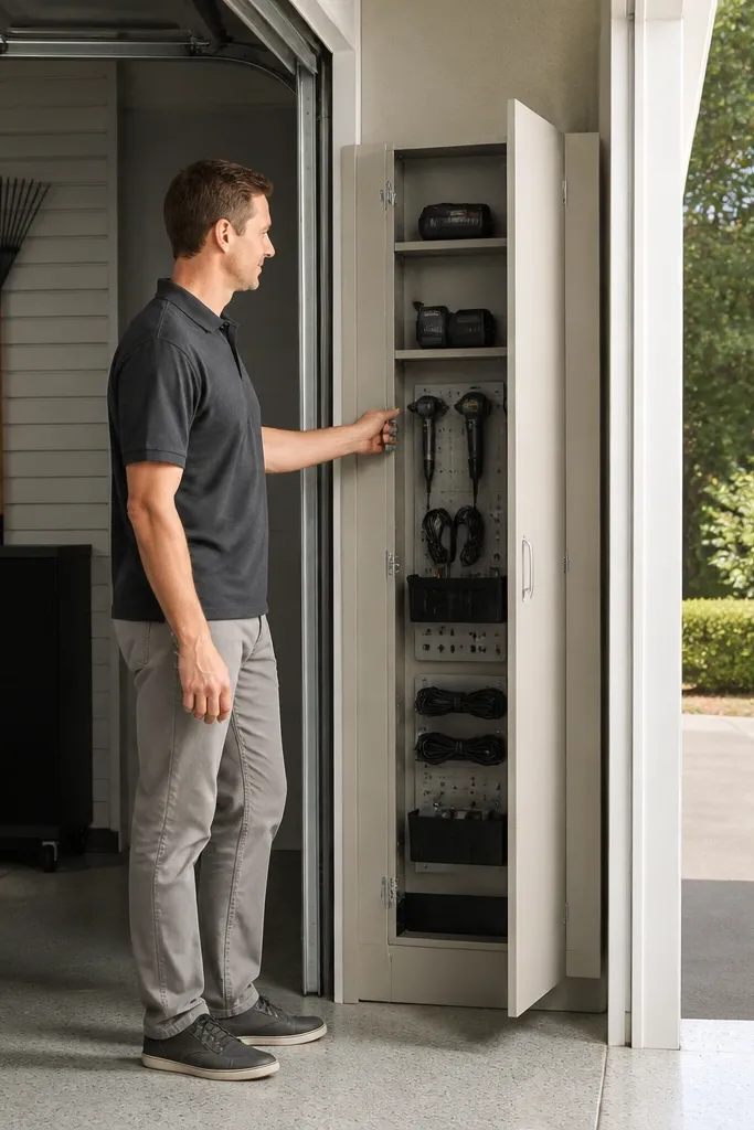 Slim cabinet beside garage door with hidden cord storage behind a false back