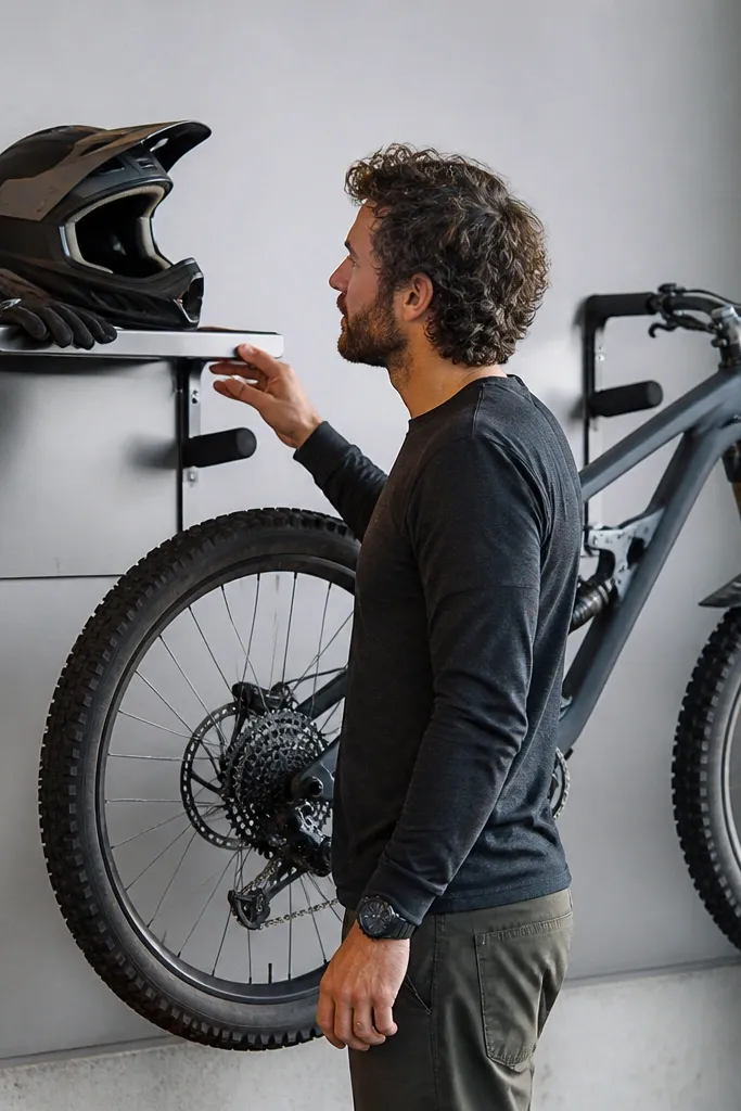 Bike hanging with padded hooks and a shelf lip for helmets and gloves