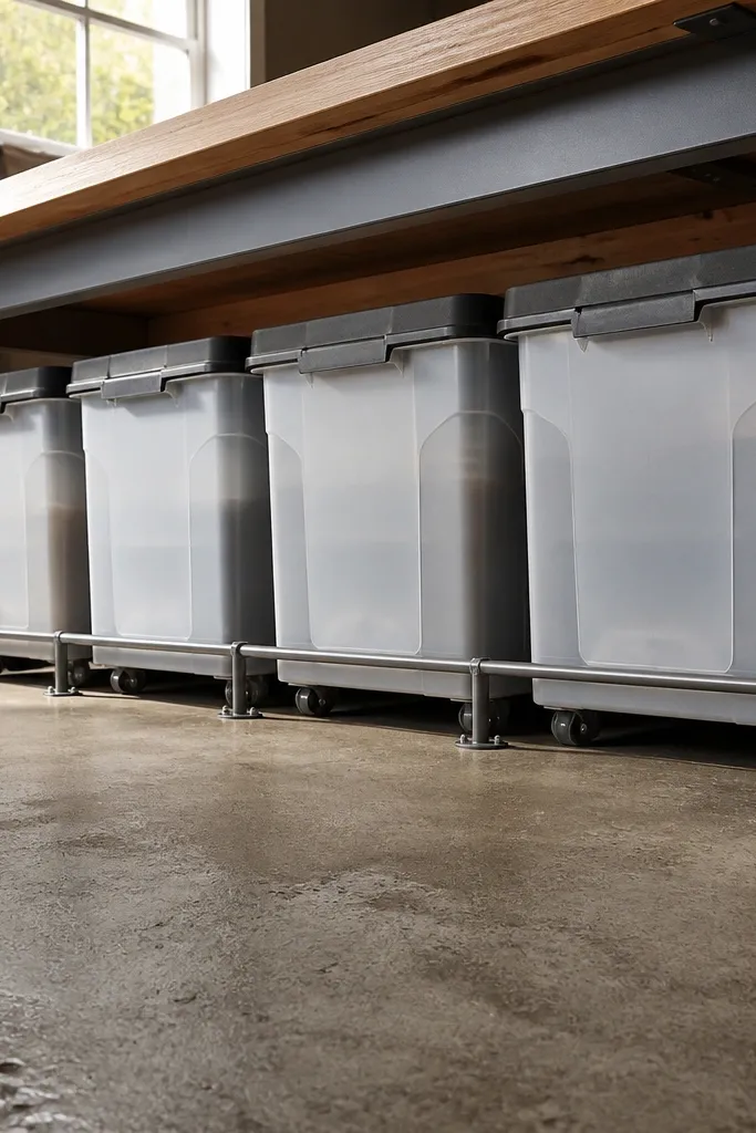 Under-bench rolling bins with lidded storage and a small stop bar to prevent drift