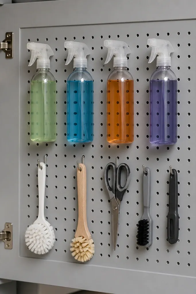 Cabinet door with pegboard insert holding spray bottles and hand tools in a grid