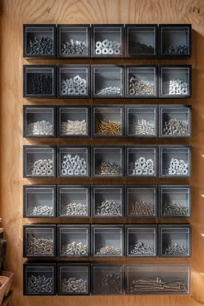 Vertical plywood grid wall with labeled small bins arranged in tidy rows