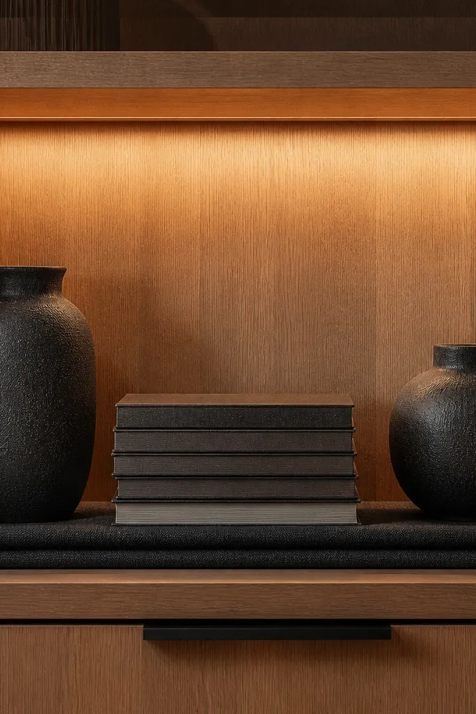 Charcoal stoneware vases on a warm wood shelf with a linen runner and framed art books
