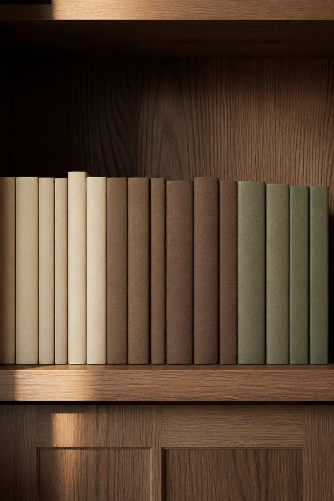Books arranged with their spines matching colors on built-in shelves with warm wood back panels