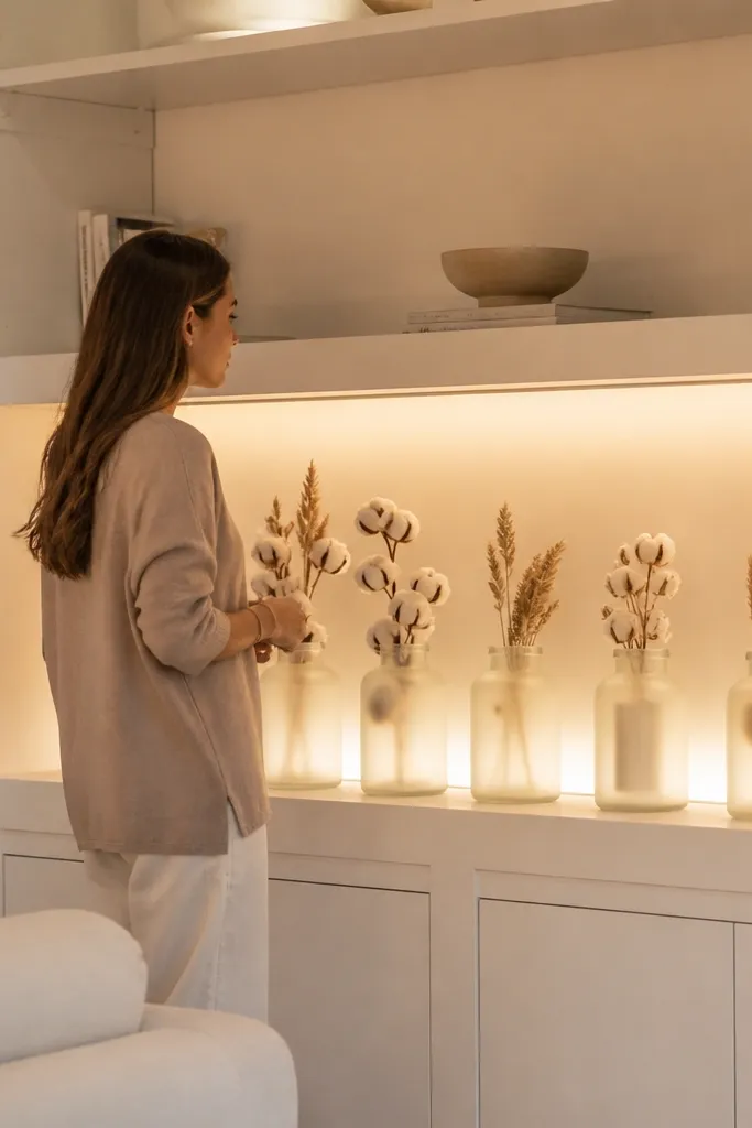 Backlit shelf niche with frosted glass jars and neutral ceramic lids