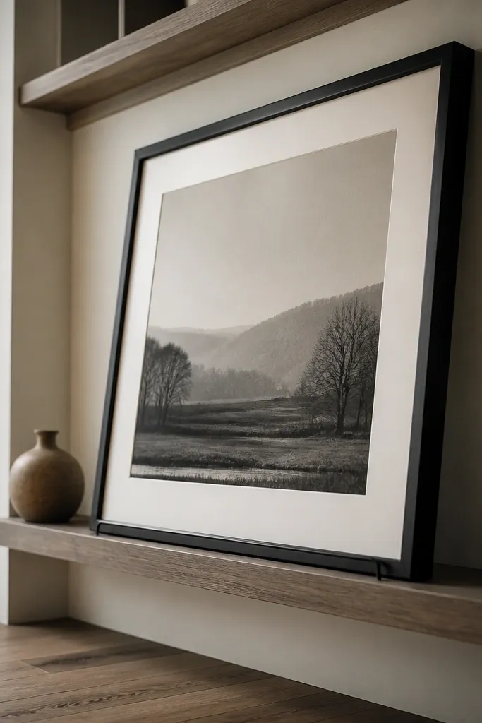Large framed art leaning on built-in shelf rails with small book stacks nearby