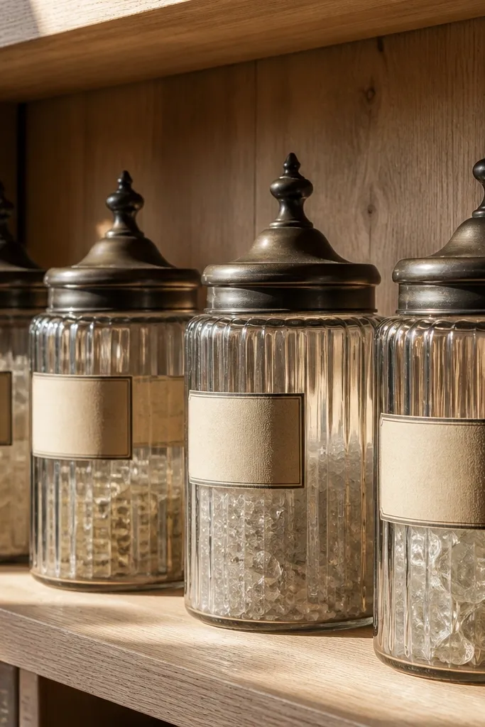 Ribbed glass bottles with identical cream labels on built-in shelves