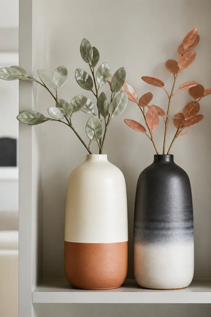 Two-tone vases with painted stems arranged on built-in shelves