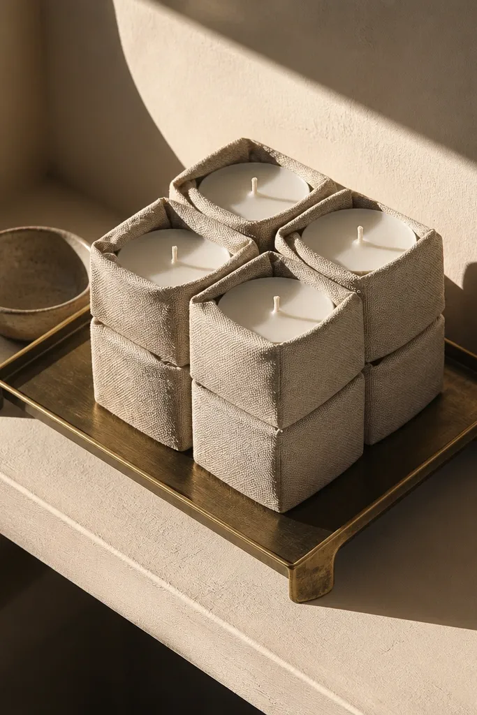 Linen-wrapped candles on a brass riser with small tray and books on built-in shelves