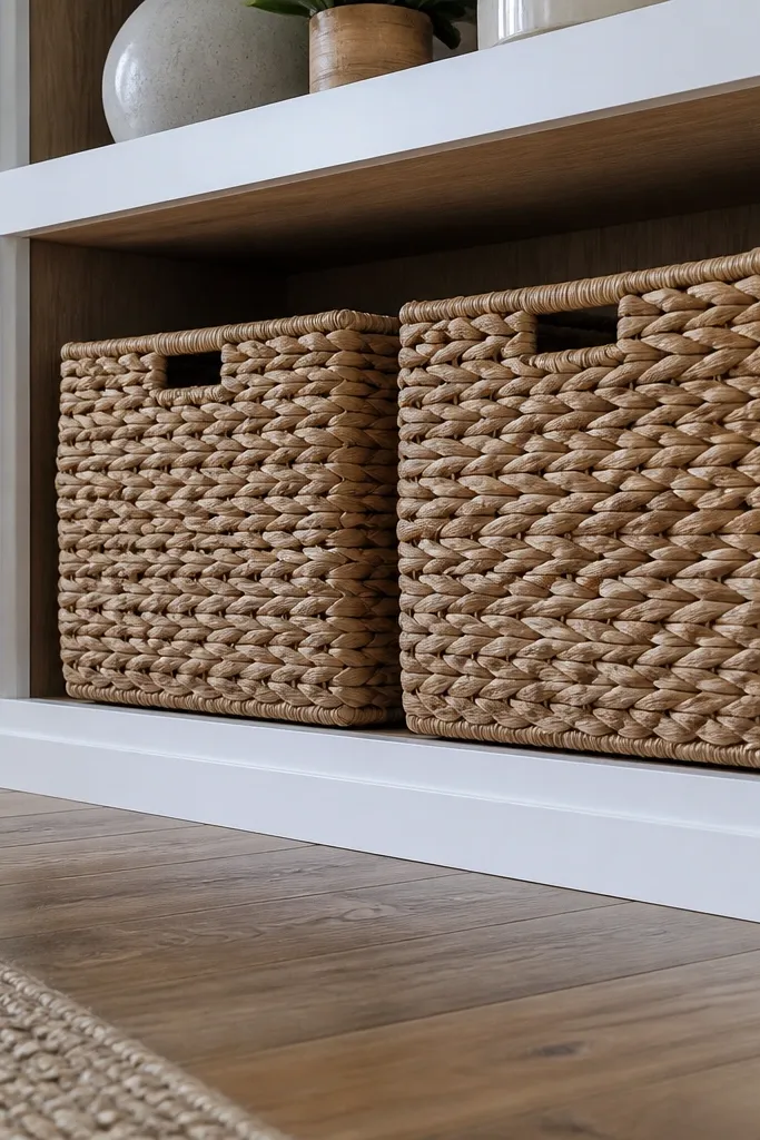 Oversized woven baskets on bottom shelves with a tidy linen throw