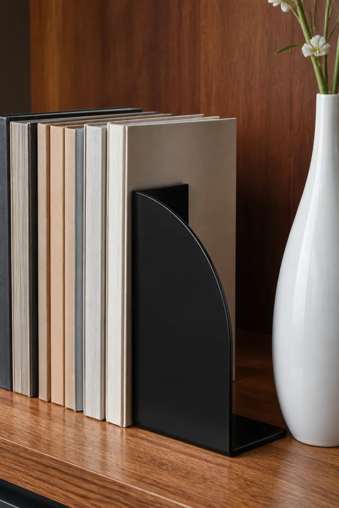 Matte black metal bookends holding books with a tall bud vase on built-in shelves