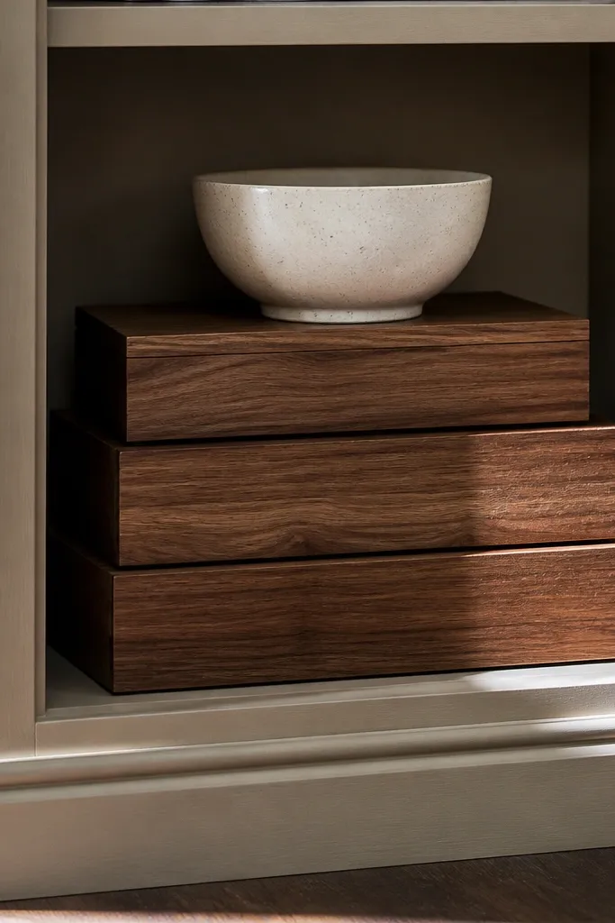 Stacked wood boxes with a ceramic bowl on a lower built-in shelf