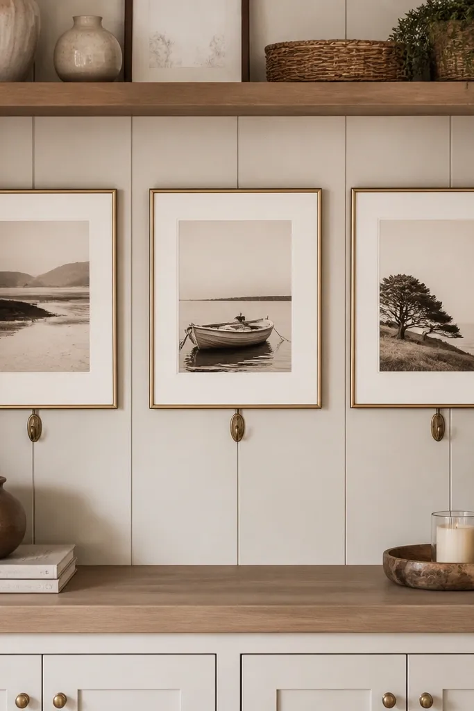 Three framed photos lined up with matching brass hooks and small decor on shelves