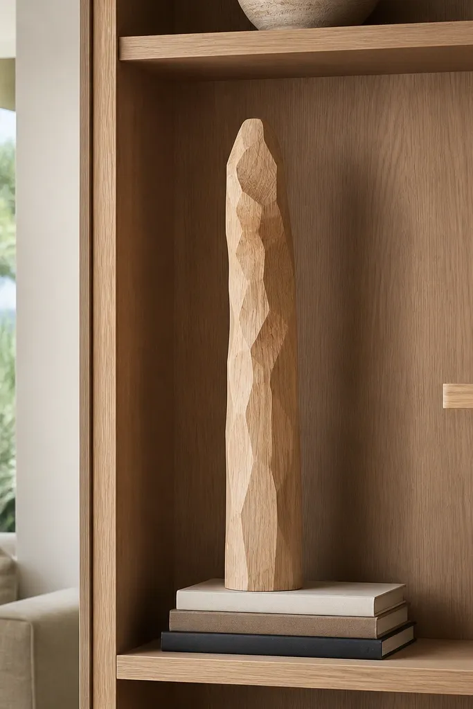 A tall standing art object next to low book stacks on built-in shelves