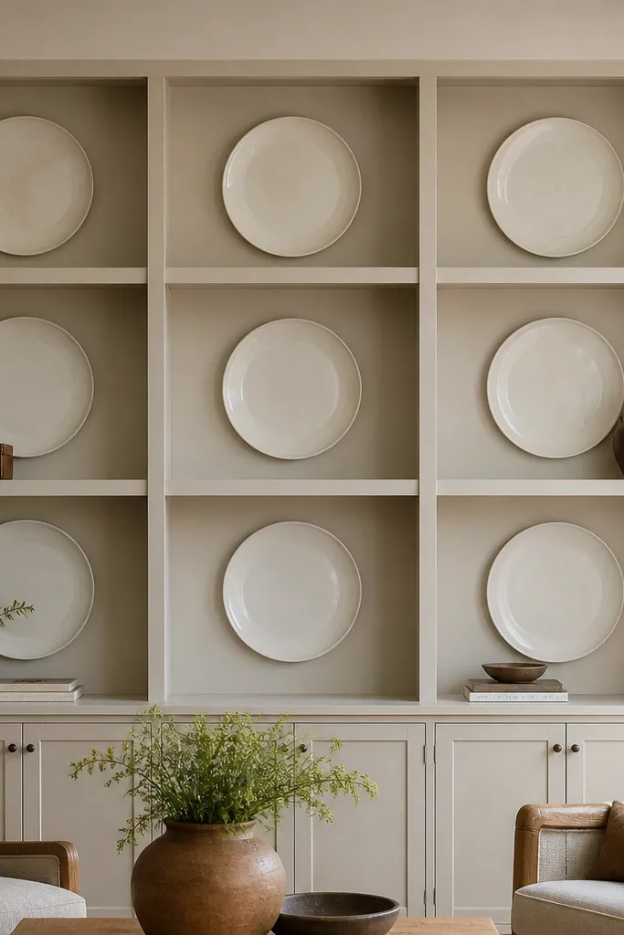 Ceramic plates mounted on shelf back panels with small bowl and book accents