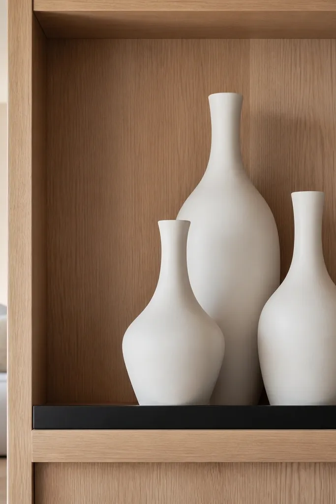 Matte white vases with one black accent line tray on built-in shelves