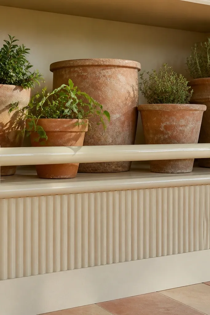 Built-in shelves with terracotta planters on a glossy glazed rail