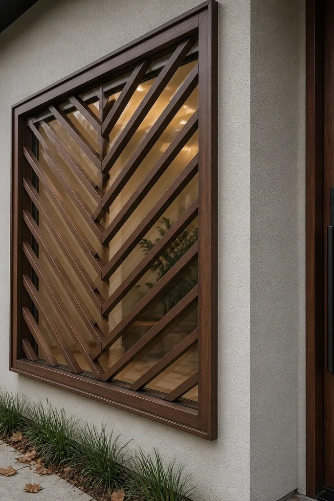 Dark walnut window grill with a diagonal herringbone pattern