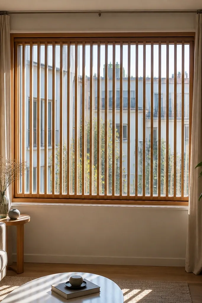 Light oak vertical window slats in a clean rectangular frame
