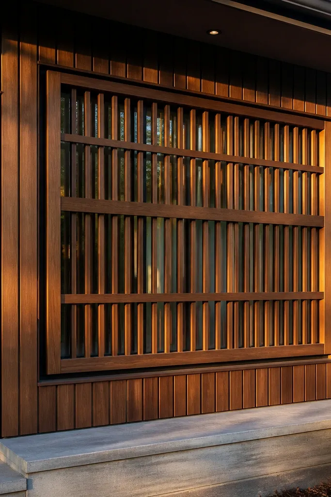 Teak board-and-batten window grill with a balanced grid