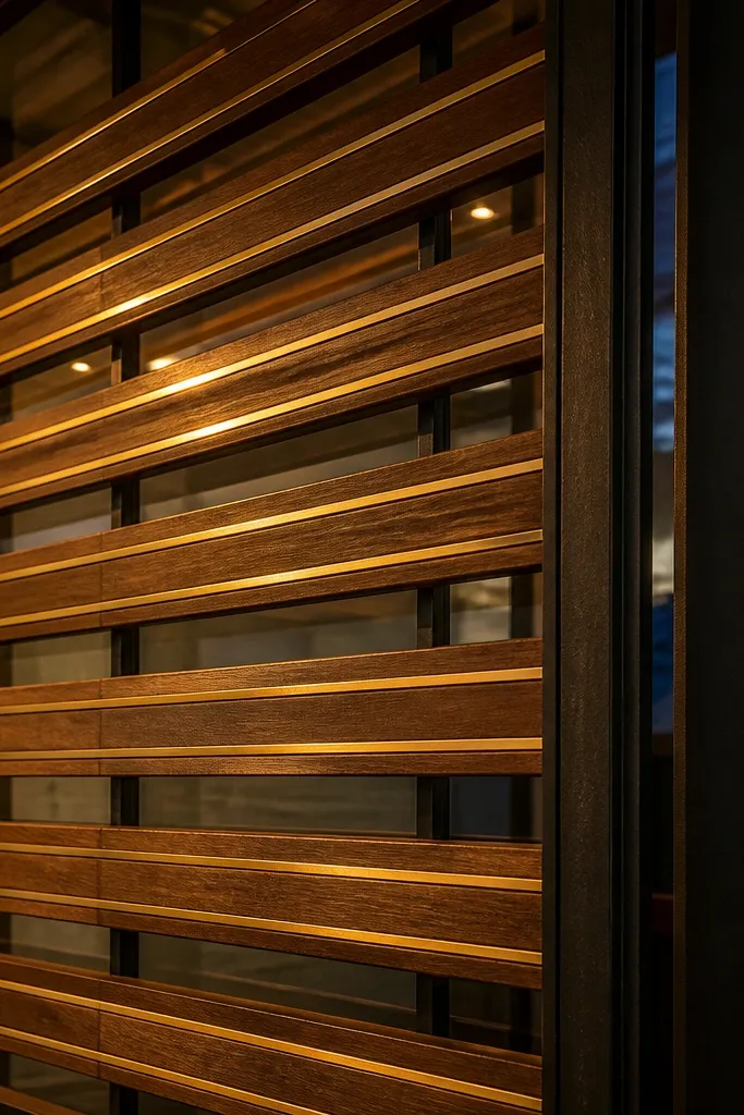 Walnut window grill with thin brass lines separating slats