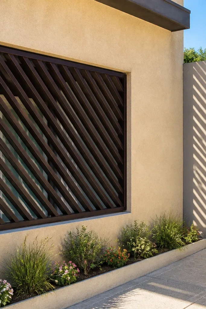 Smoked oak window grill with diagonal ladder slats