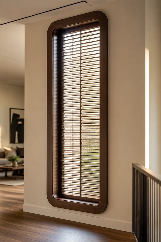 Walnut window grill with rounded frame edges and slim vertical slats