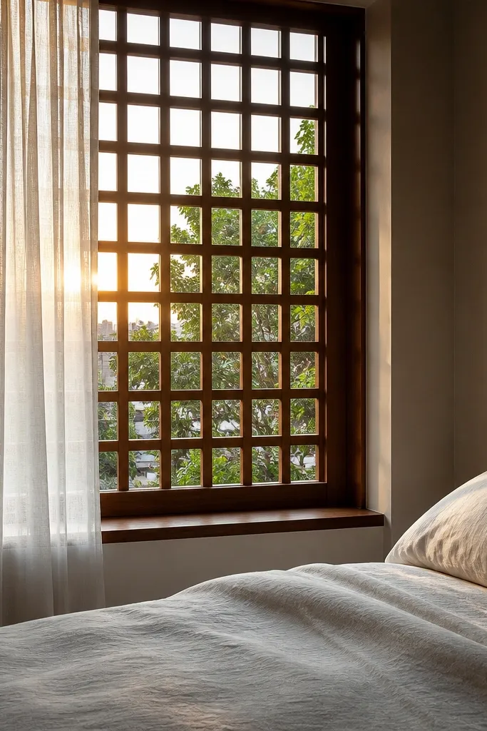 Chestnut window grill with a grid of open square spaces