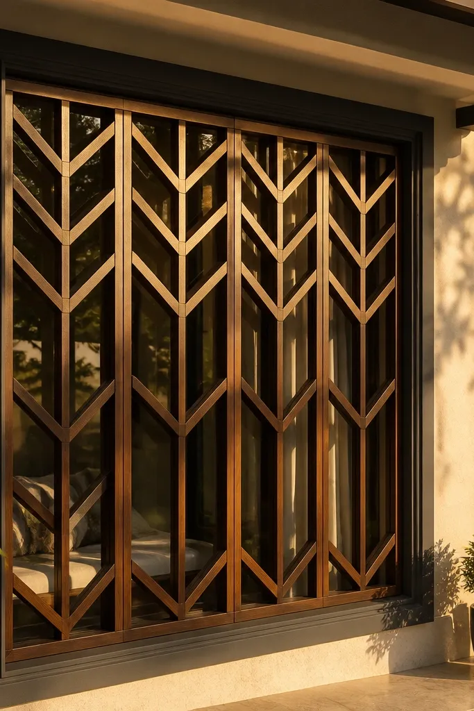 Two-tone walnut and ash chevron window grill