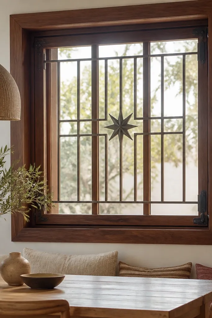 Walnut window grill with a small star motif in the center