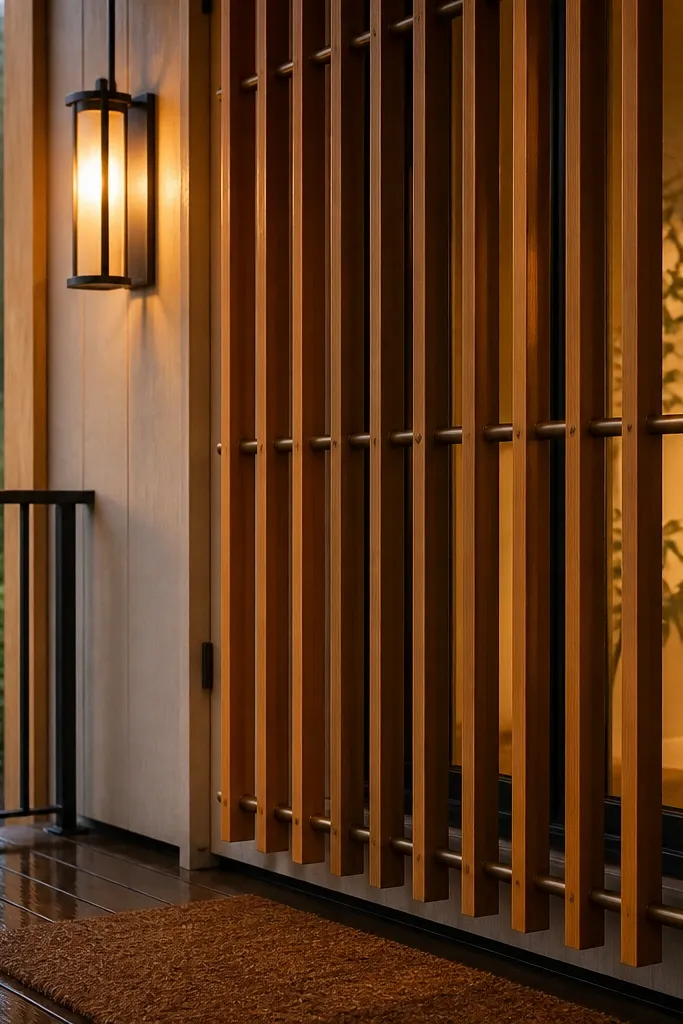 Cedar window grill with bronze spacer details between slats