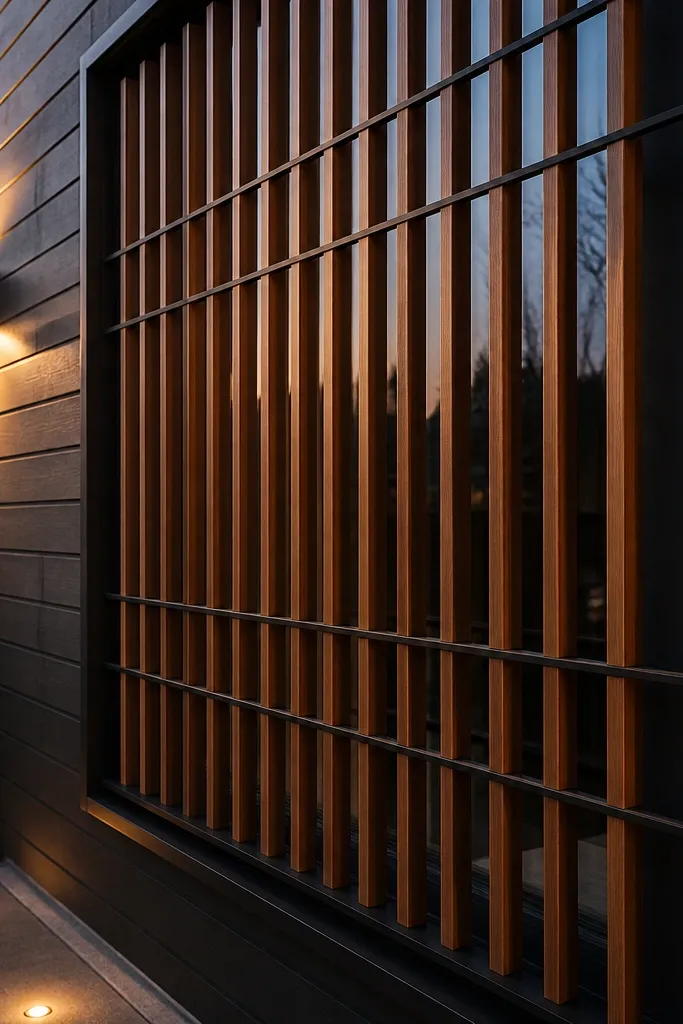 Walnut window grill with thin black rails separating slats