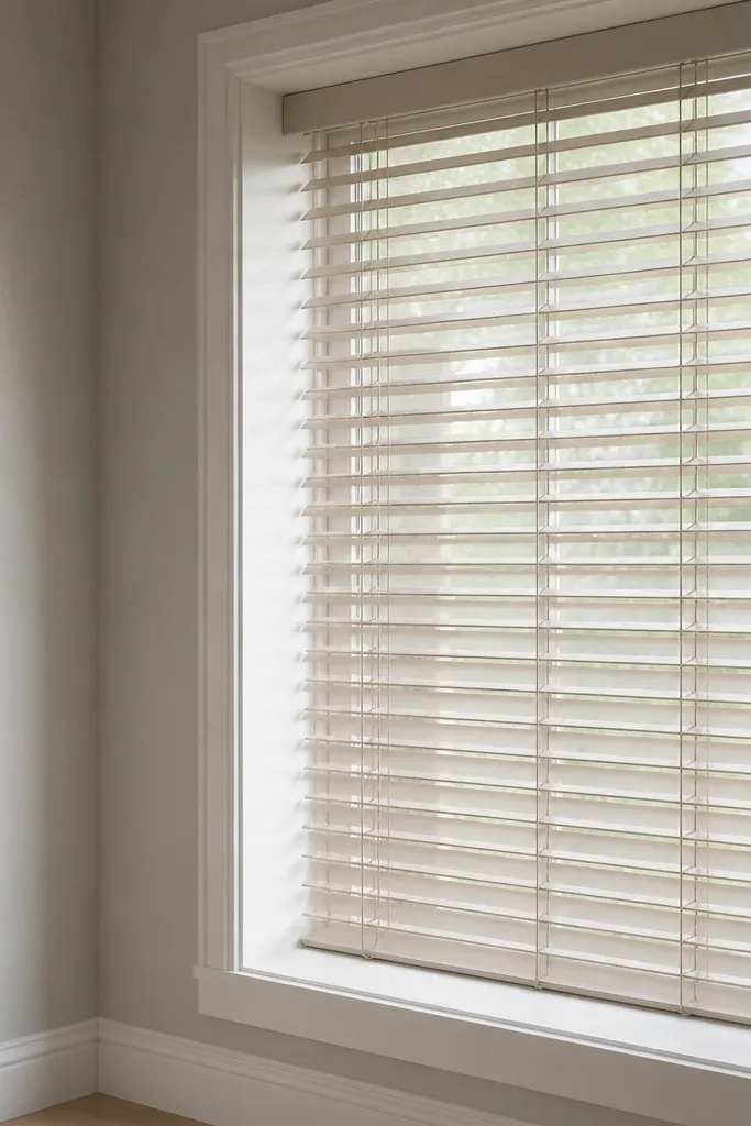 Pale ash slats with an off-white window grill frame