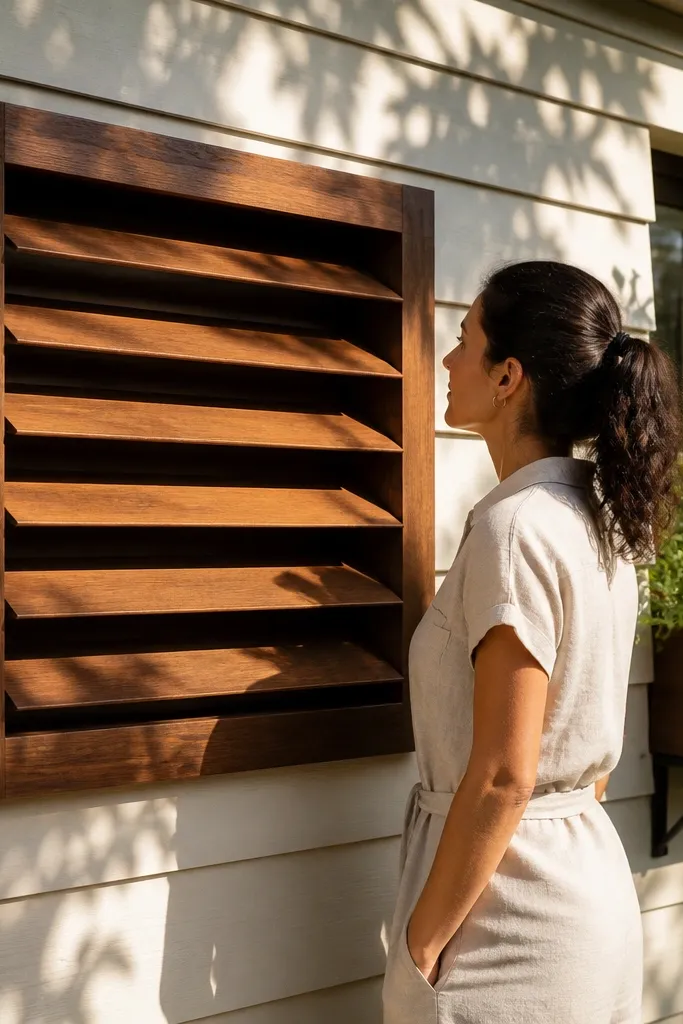 Walnut louver-style window grill with angled slats