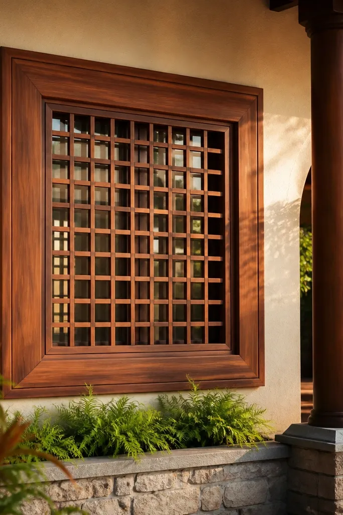Teak lattice window grill with thick outer borders