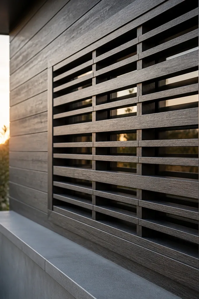 Smoke-toned oak window grill with horizontal band sections