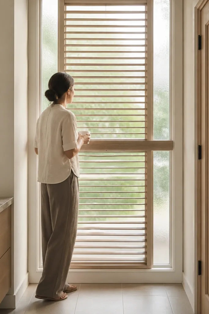 Pale ash window grill with a mid floating rail and vertical slats
