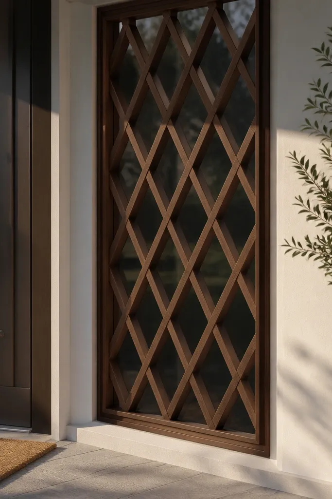 Walnut window grill with a diamond panel pattern inside a thin frame