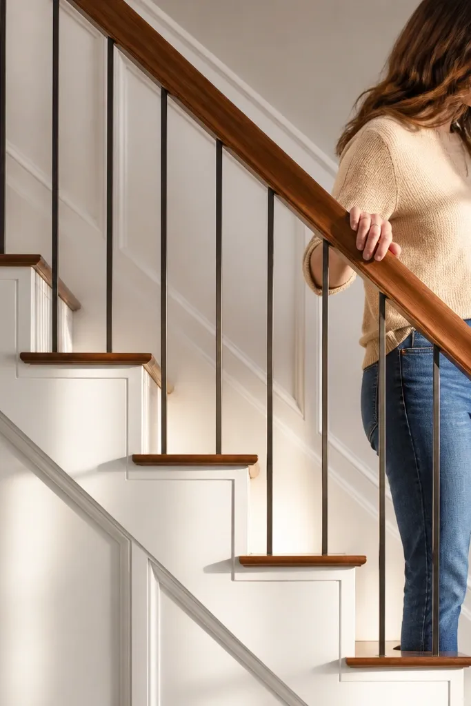 White half wall with flat panels and a walnut handrail above dark stair balusters